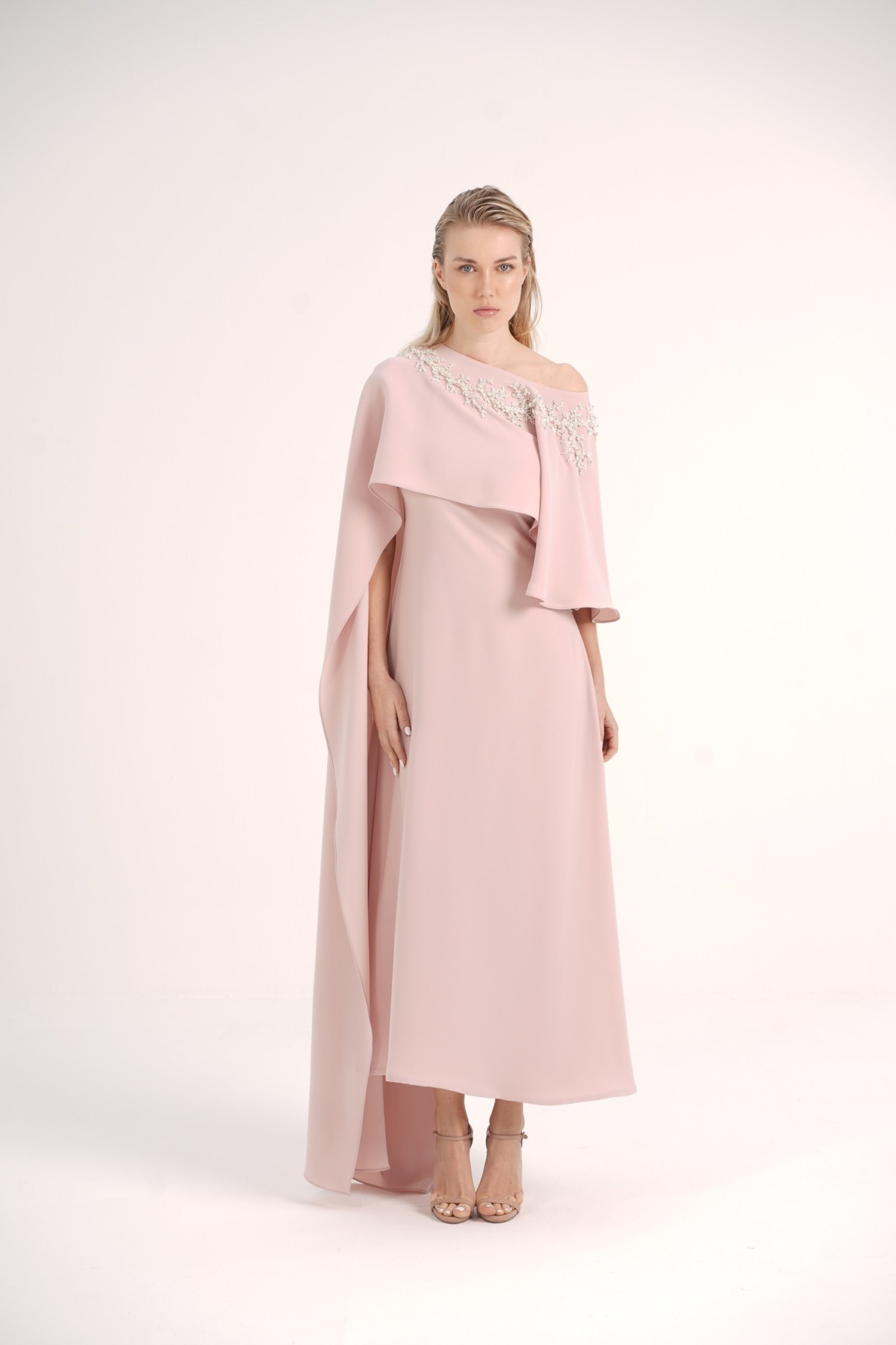 Asymmetric Crepe Cape with Pearl Details