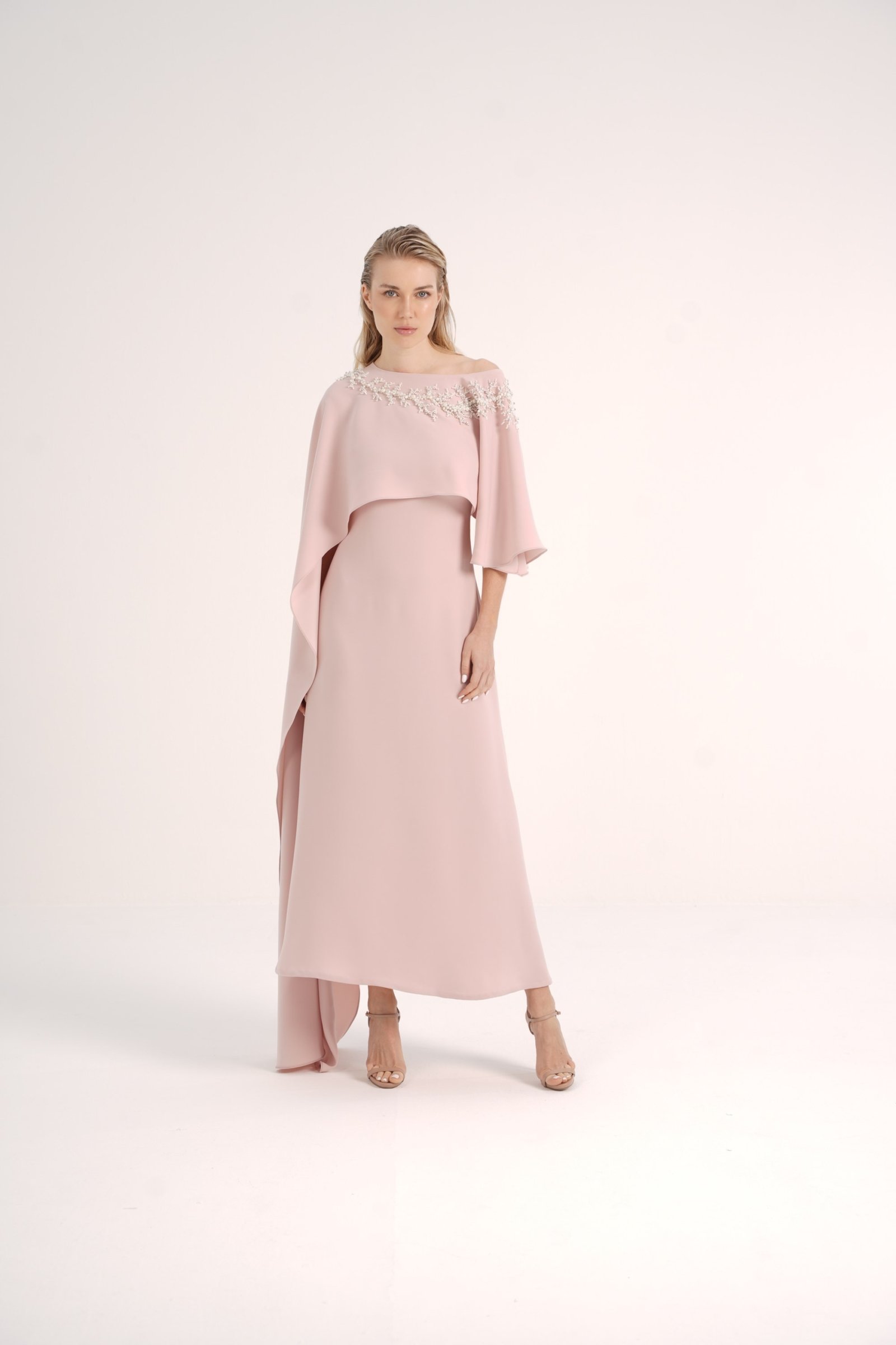 Asymmetric Crepe Cape with Pearl Details