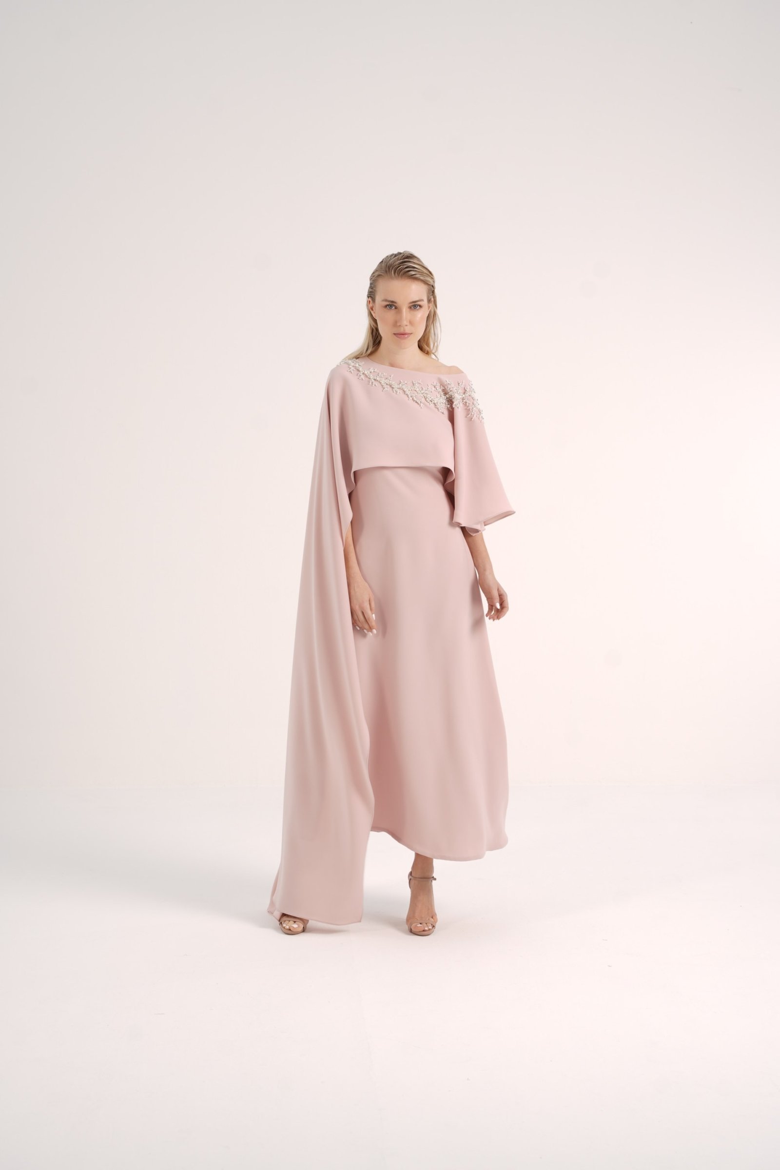 Asymmetric Crepe Cape with Pearl Details