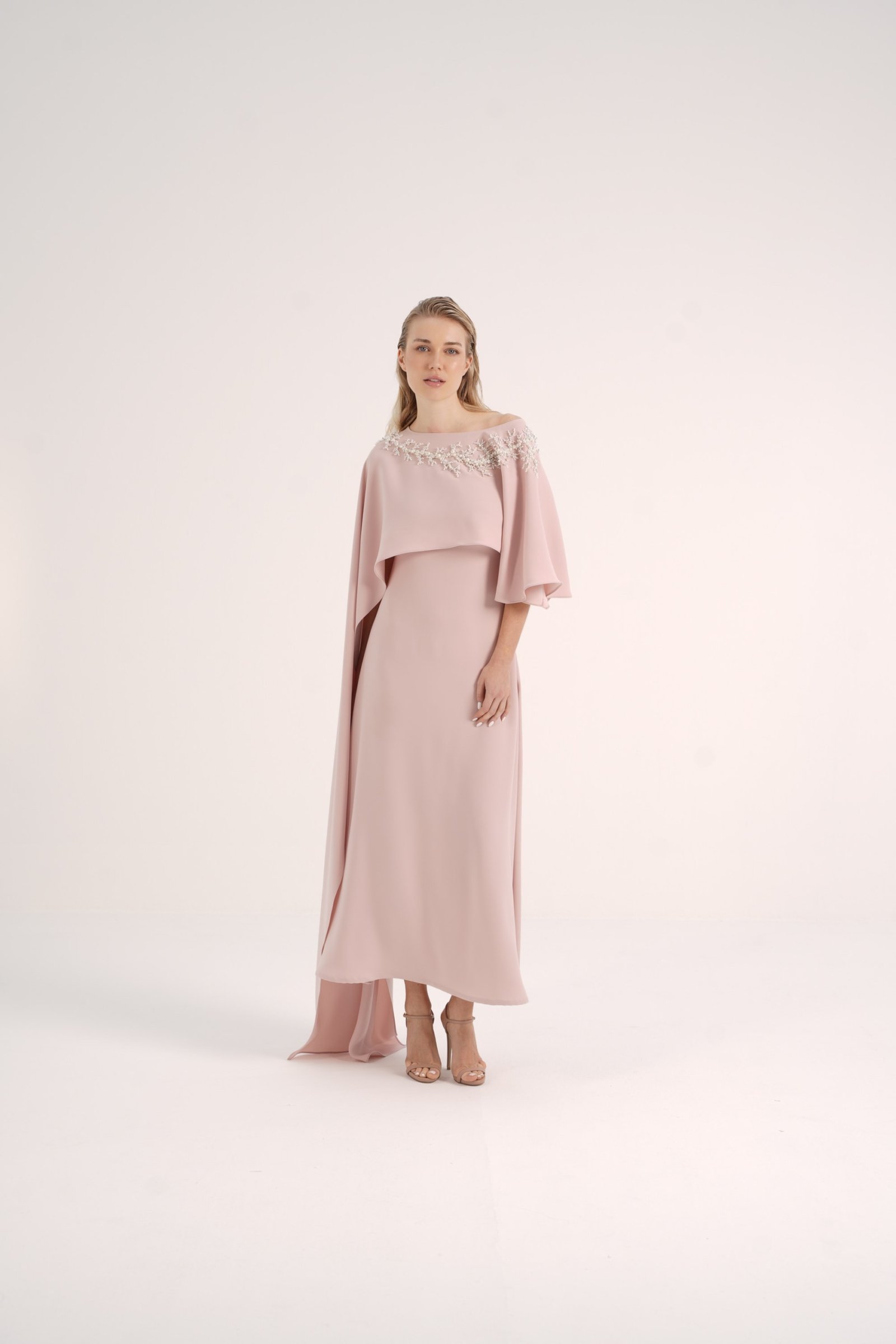 Asymmetric Crepe Cape with Pearl Details