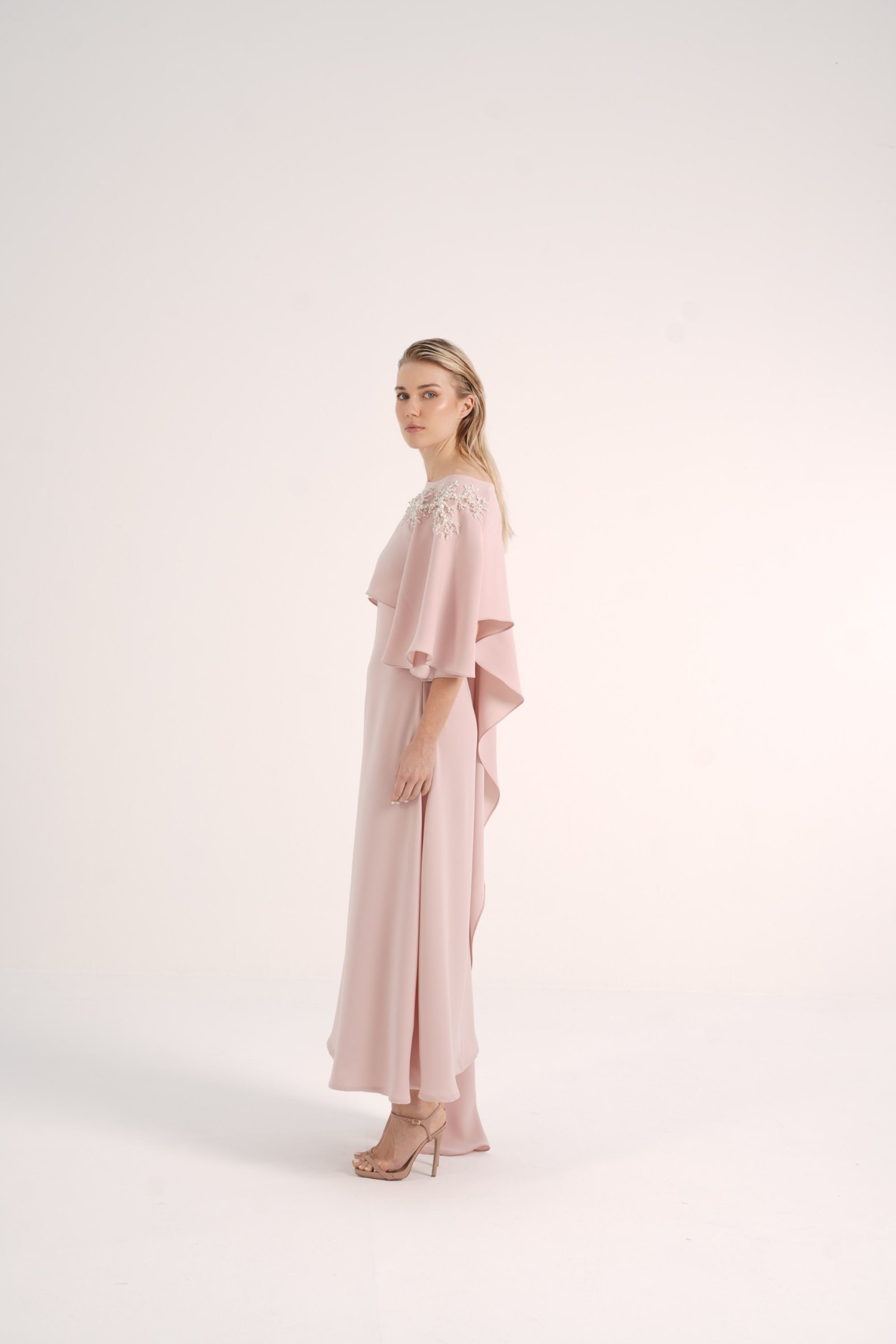 Asymmetric Crepe Cape with Pearl Details