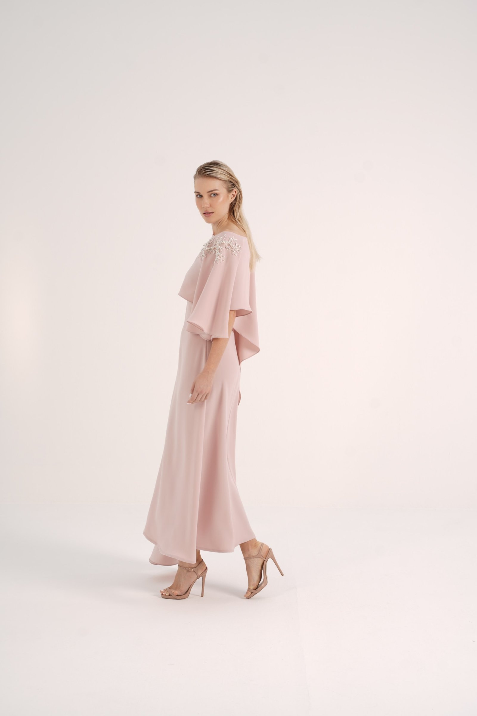 Asymmetric Crepe Cape with Pearl Details