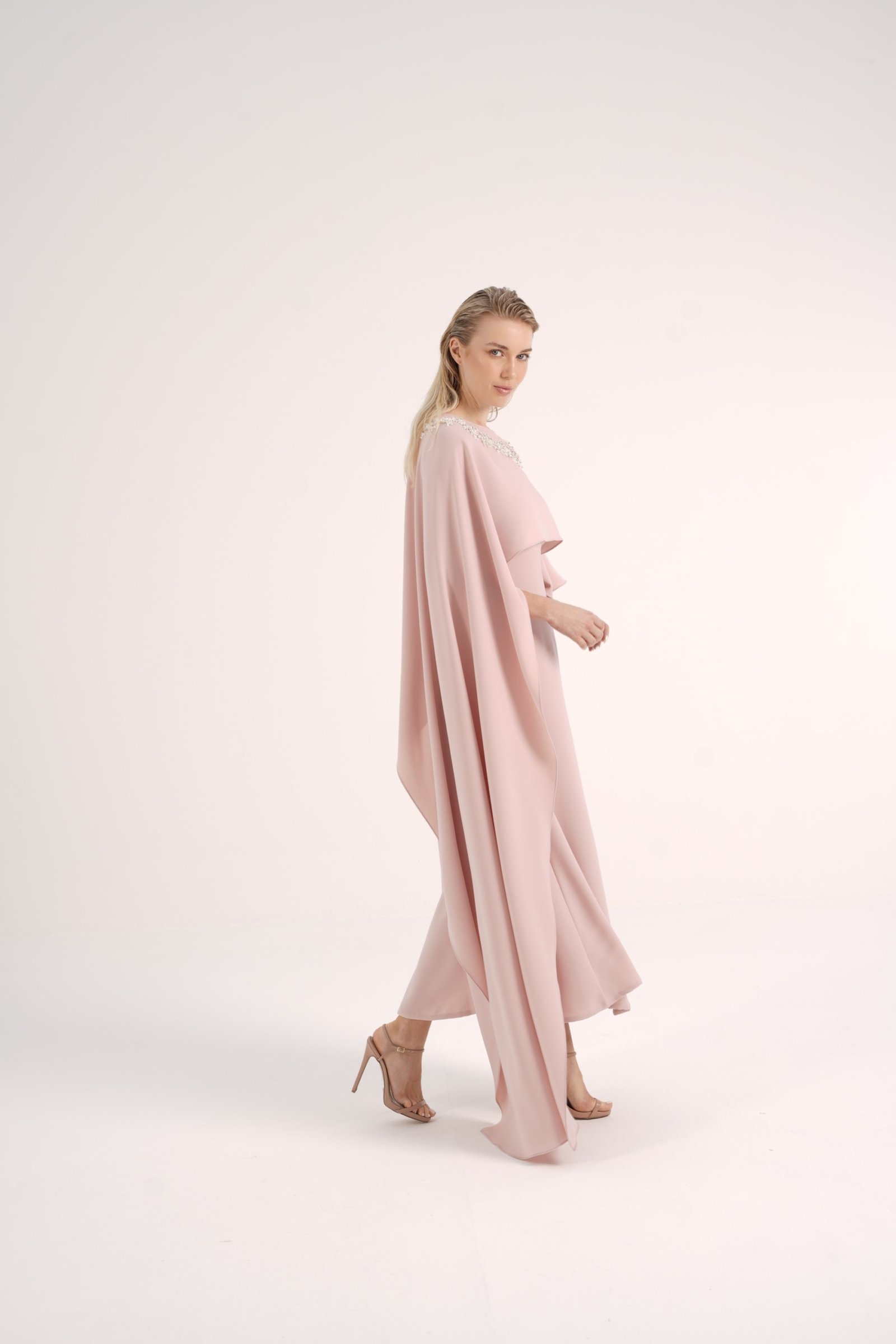 Asymmetric Crepe Cape with Pearl Details