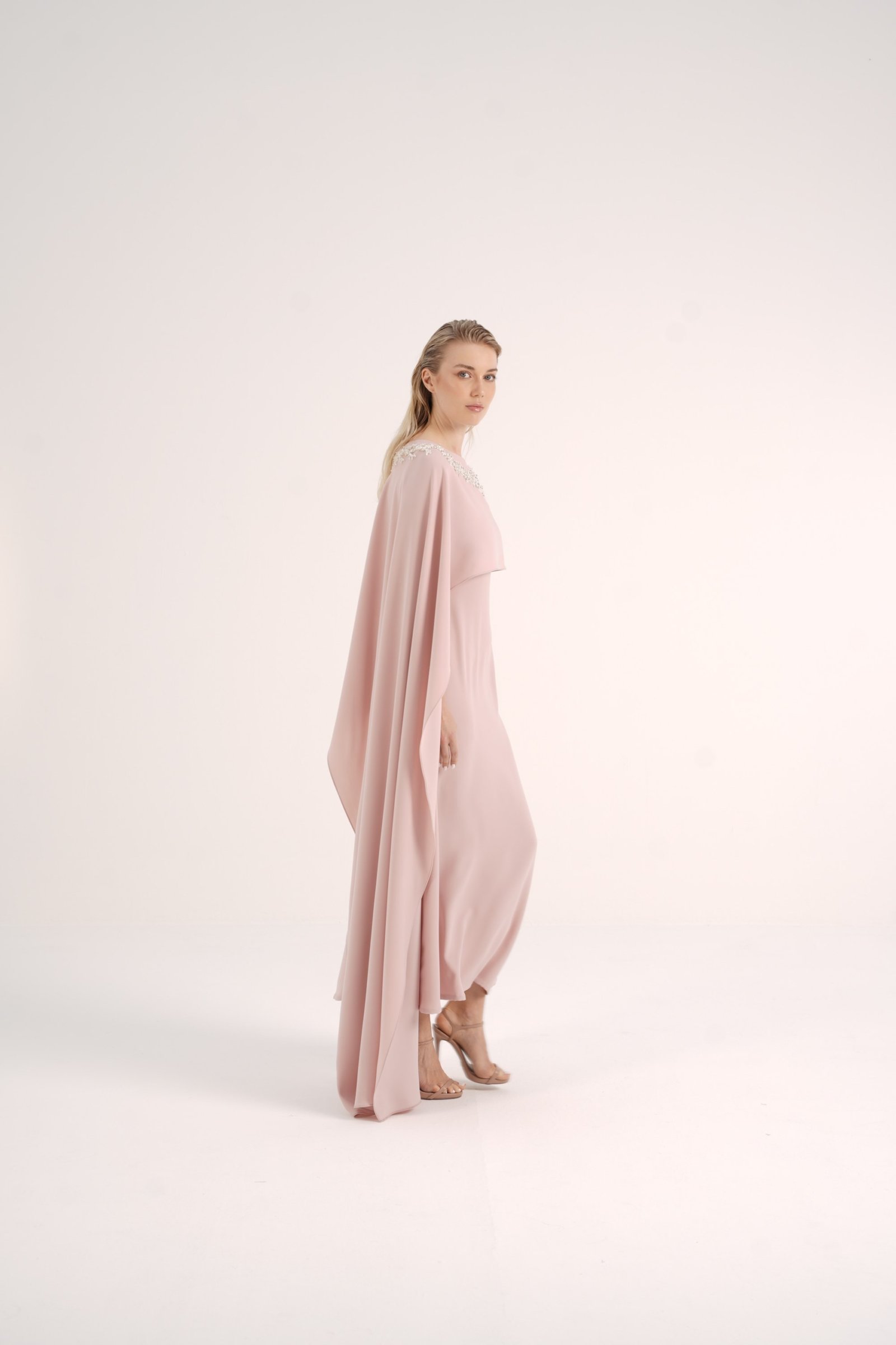 Asymmetric Crepe Cape with Pearl Details