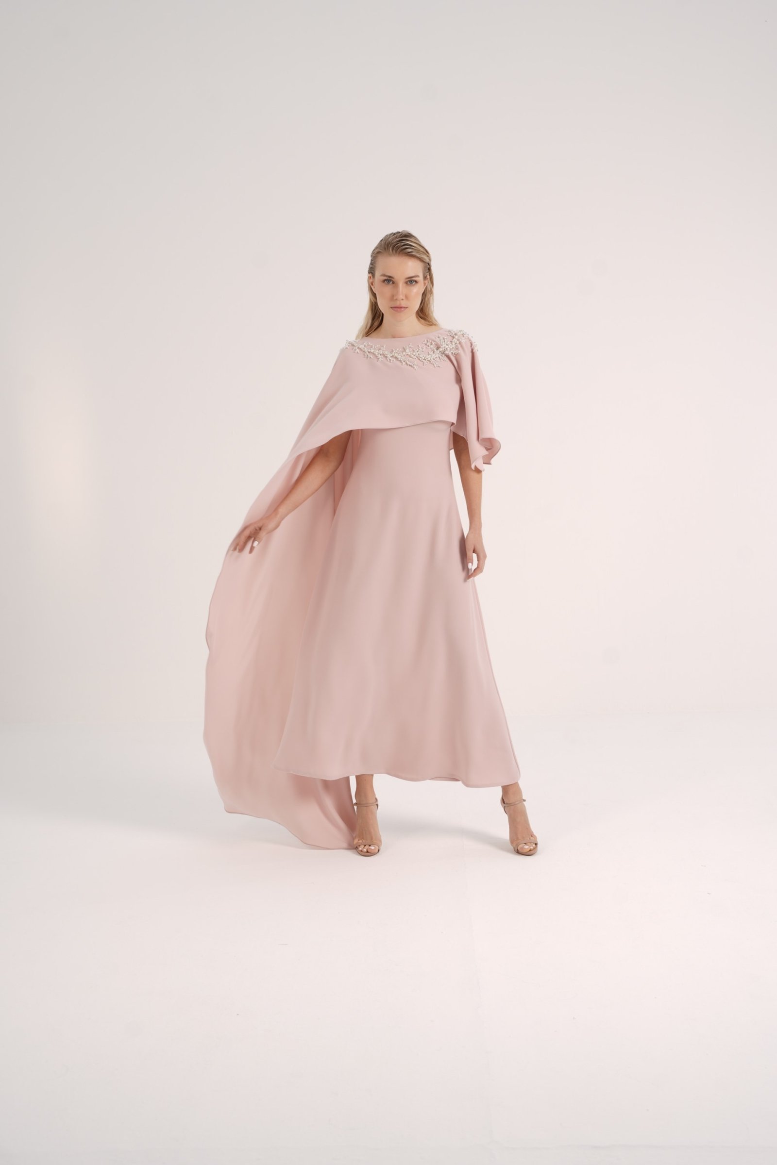 Asymmetric Crepe Cape with Pearl Details